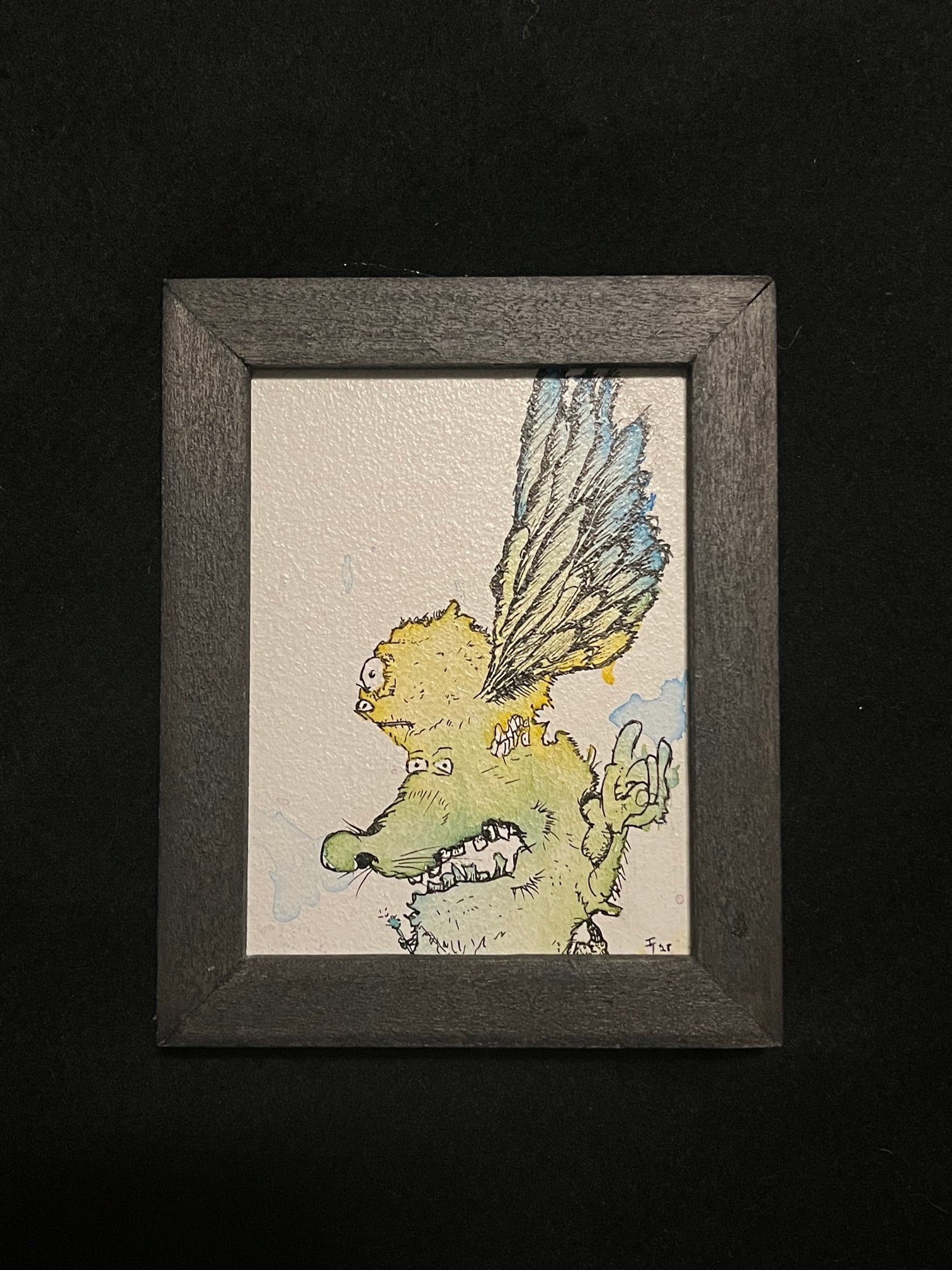 Acrylic and Ink on Board

(3x4) Framed 3.75 x 4.75
Poplar frame, painted & sealed with acrylic.
Wired and ready to hang! 