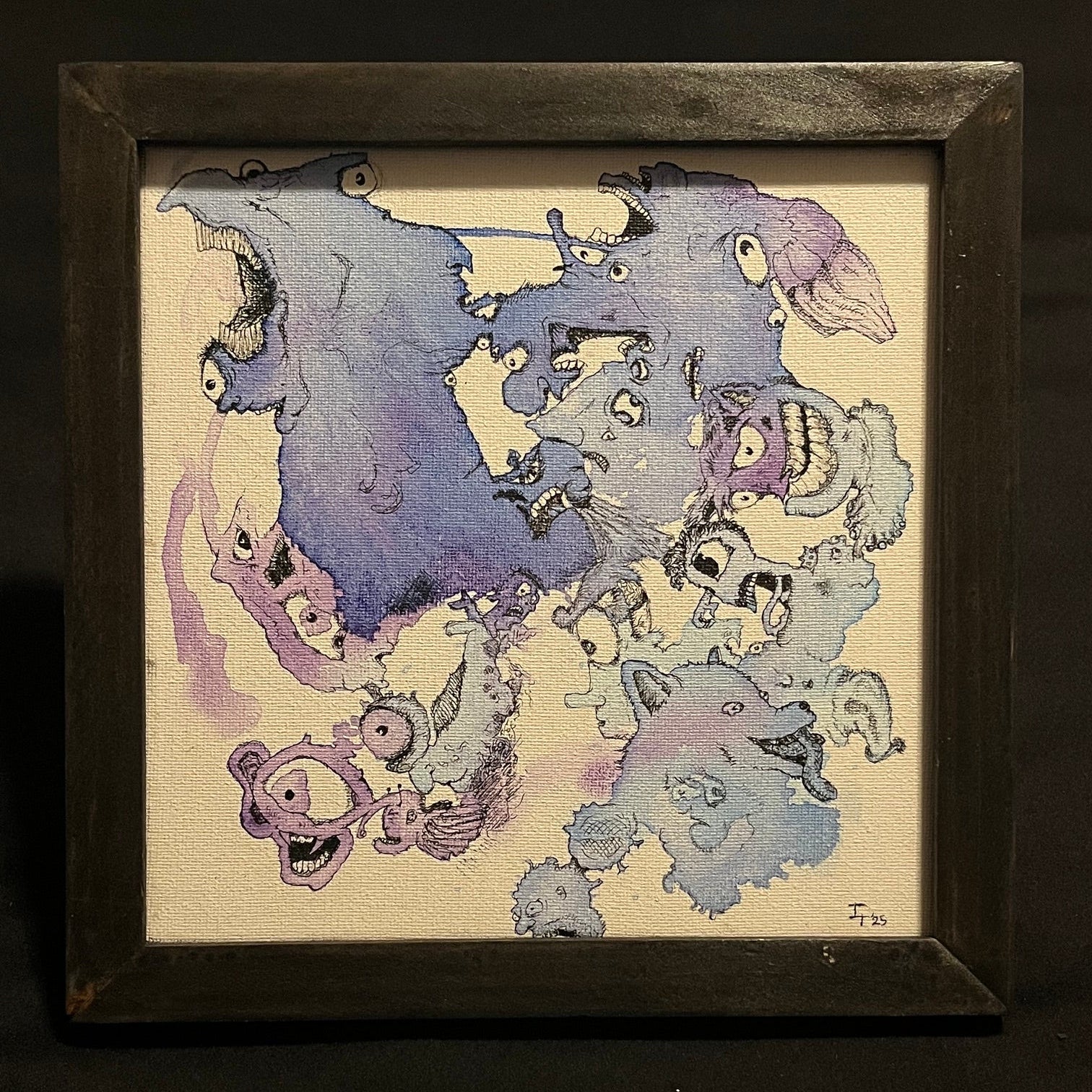 Splatter Friend #13 - Grinny's Popsicle. 

Acrylic and Ink on canvas.

(8x8) Framed - 9x9.  
Poplar frame, painted and sealed with acrylic. Wired and ready to hang!
