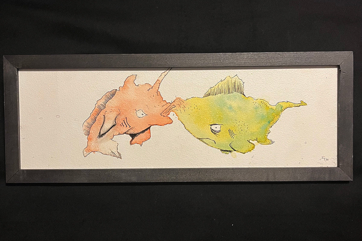 Acrylic and Ink on Canvas

( 6 7/8 x 19 1/4 ) Framed 7 1/4 x 19 1/2
Poplar frame, painted & sealed with acrylic.
Wired and ready to hang! 